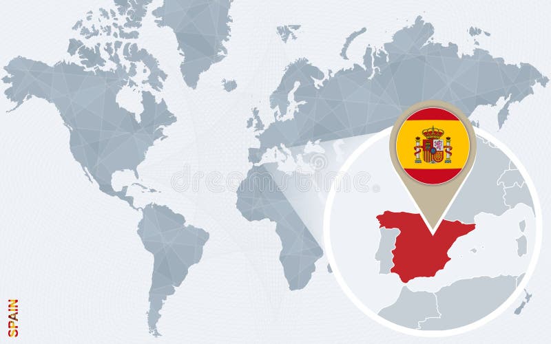 在一张世界地图的西班牙地图与旗子和地图尖 
